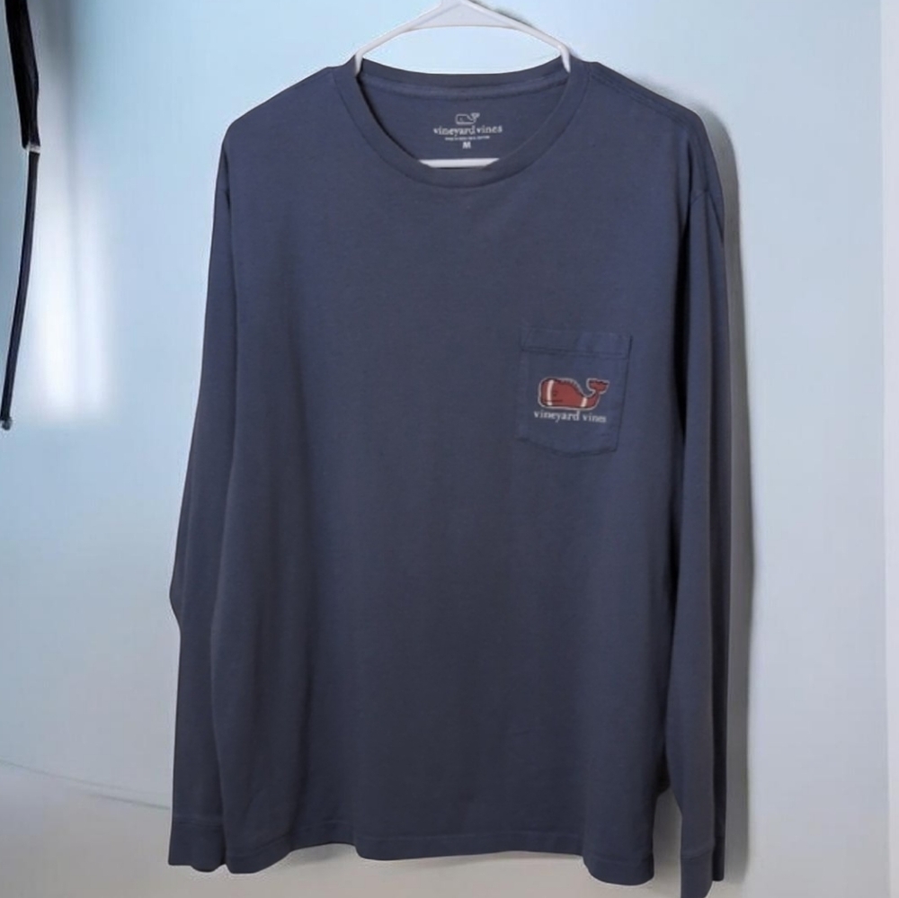 Vineyard Vines Men's Slate Blue Long Sleeve Tee With Football Whale 🐳 Size M